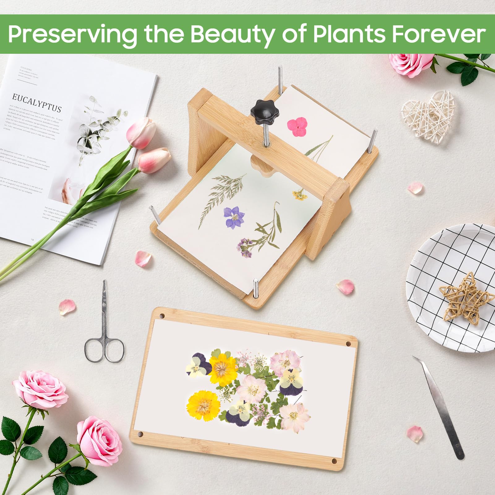 Gugxiom Juego de prensa de flores, prensa de flores grande de 27,5 cm x 17,5 cm hecha de madera, incluso impresión, juego de prensa artificial para la producción de flores secas/plantas, para plantas