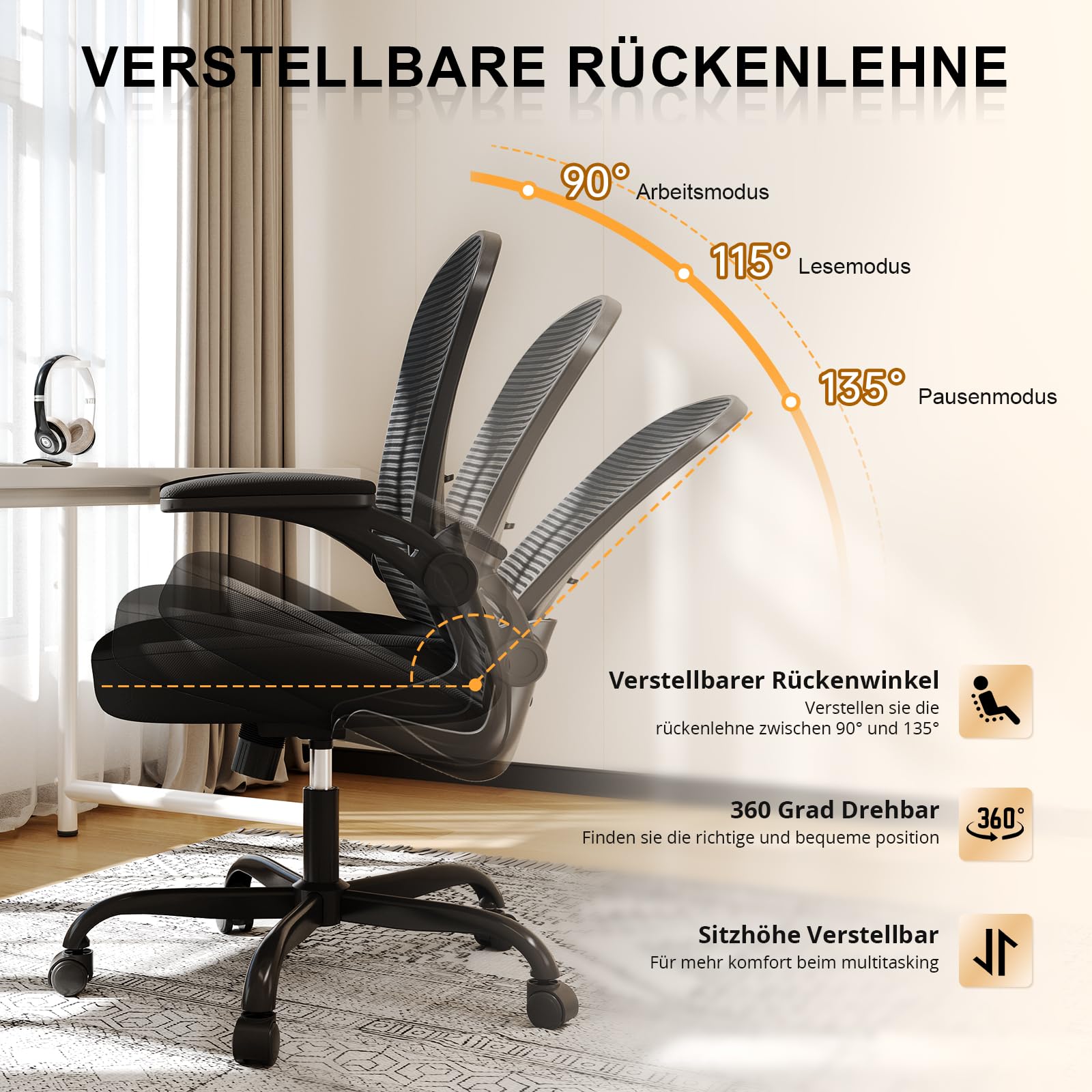 Synorla Bürostuhl Ergonomisch, Schreibtischstuhl mit Tragkraft 150 KG und 90° Hochklappbare Armlehnen, Ergonomischer Bürostuhl mit Höhenverstellbarer Sitzfläche und Verstellbarer Lordosenstütze