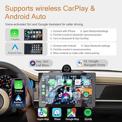 Miniatura 3 de Estéreo de automóvil de 10.1 pulgadas de un solo din, compatible con CarPlay inalámbrico y Android Auto, pantalla giratoria 360 con cámara trasera