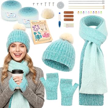 Katech Beginner Knitting Kit - Learn to Knit Kit for Adults- Complete Hat, Scarf, Gloves Starter Kit with Step-by-Step InstructionsGradient
