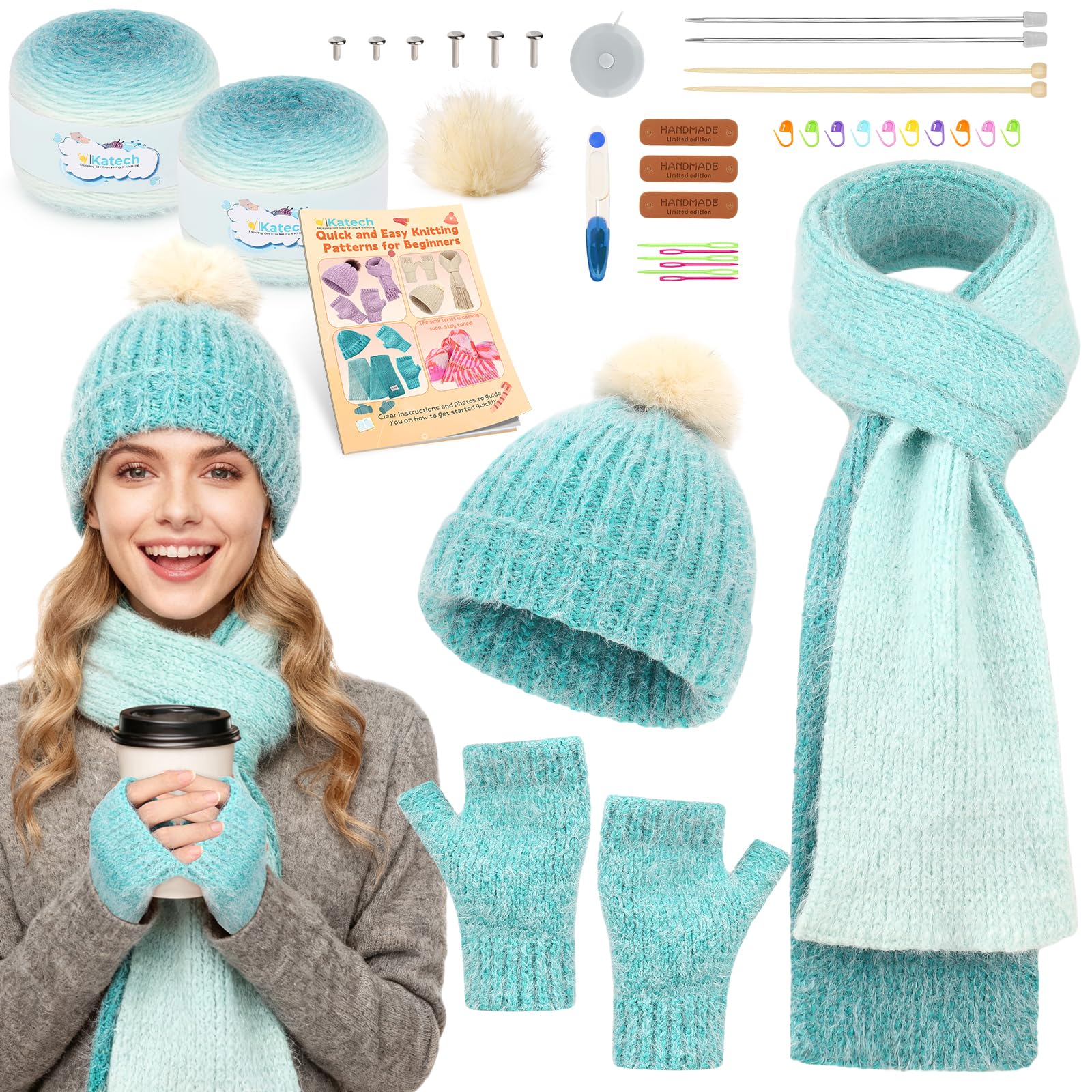 Katech Strickset für Anfänger, Erwachsene, Kinder, Anfänger, Strickset | Komplettes Strickset für Mütze, Schal, Handschuhe, mit Schritt-für-Schritt-Video-Tutorials, ideales Geschenk