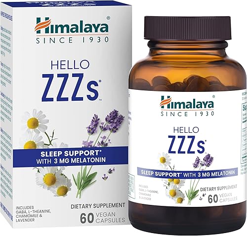 Himalaya Hello ZZZs con GABA L-teanina y melatonina 3mg para apoyo al sueño y insomnio ocasional 60 cápsulas suministro de 2 meses