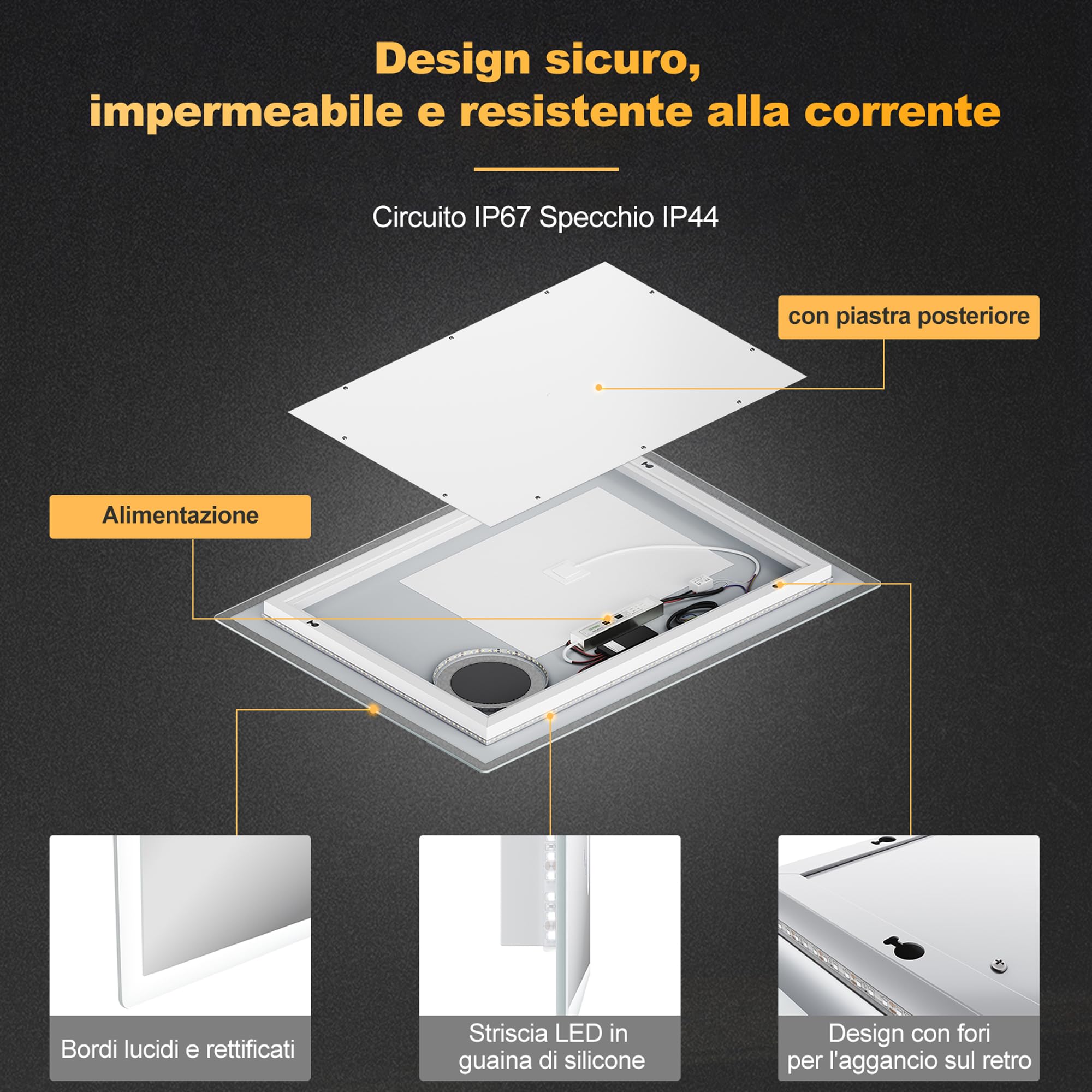 SONNI Specchio da Bagno a LED con Illuminazione, Specchio Con Luci 80 x 60cm Con illuminazione, Funzione Tri-colore Dimmerabile e Infinitamente Dimmerabile con Triplo Ingrandimento