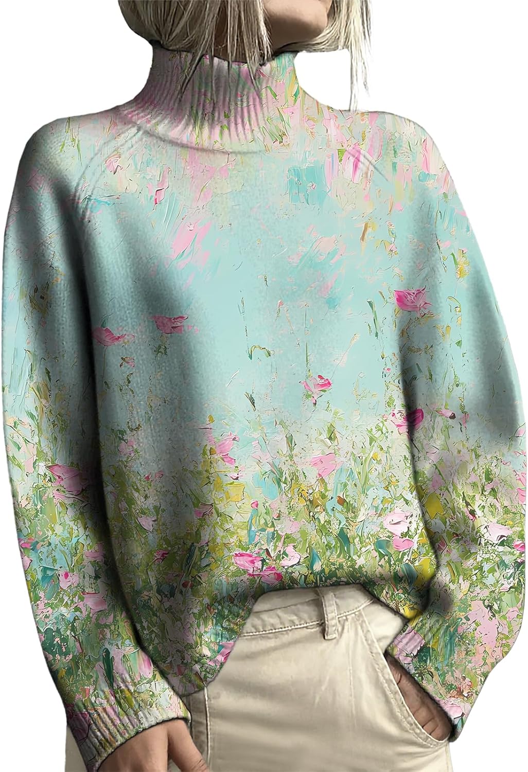 Womens Boho Floral Printed Turtleneck Sweater Long Sleeve Knitted Sweater Warm Fall Winter Chunky Pullover Sweaters
