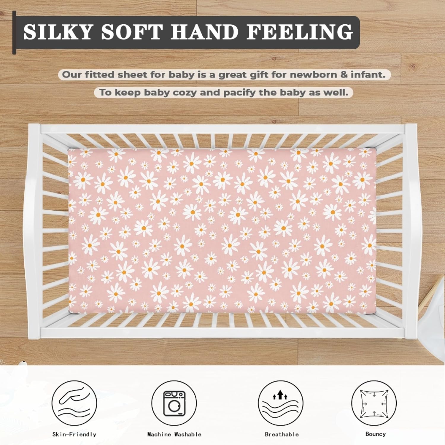Daisy Fitted Crib Sheet White and Yellow Flowers Camomile Standard Crib Mattress Fitted Sheet Pink Baby Toddler Bed Mattress Sheets for Girls 28"x52" - Image 5