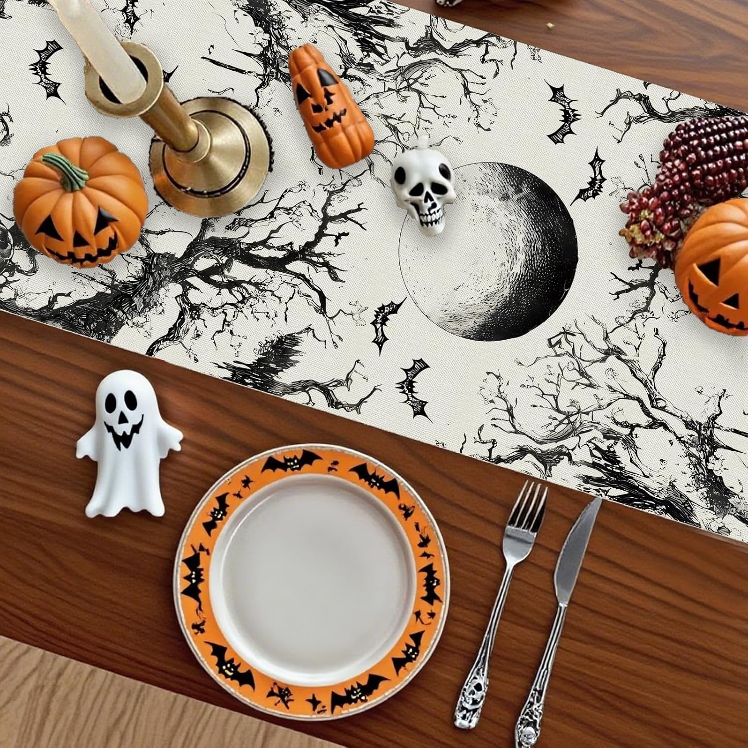 GPGHE Halloween Table Runner Black Ghost Holiday Burlap Table Decoration Indoor Outdoor Home Decor Party Supply 13 x 72 Inch