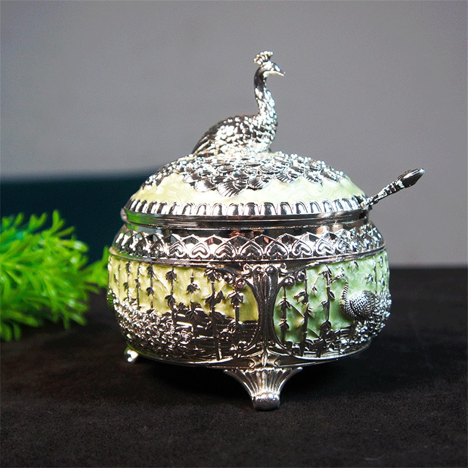 Tableware,Elegant Peacocks Sugar Bowls with Lid and Spoon Alloy Crafted Candy Dish for Home Decoration Kitchen Tableware Accessory