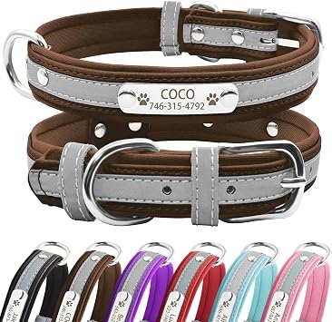 Personalized Reflective Dog Collars with Neoprene Padded,Custom Engraved Dog Collar with Name Plate for Small Medium Large Dogs XS,Brown