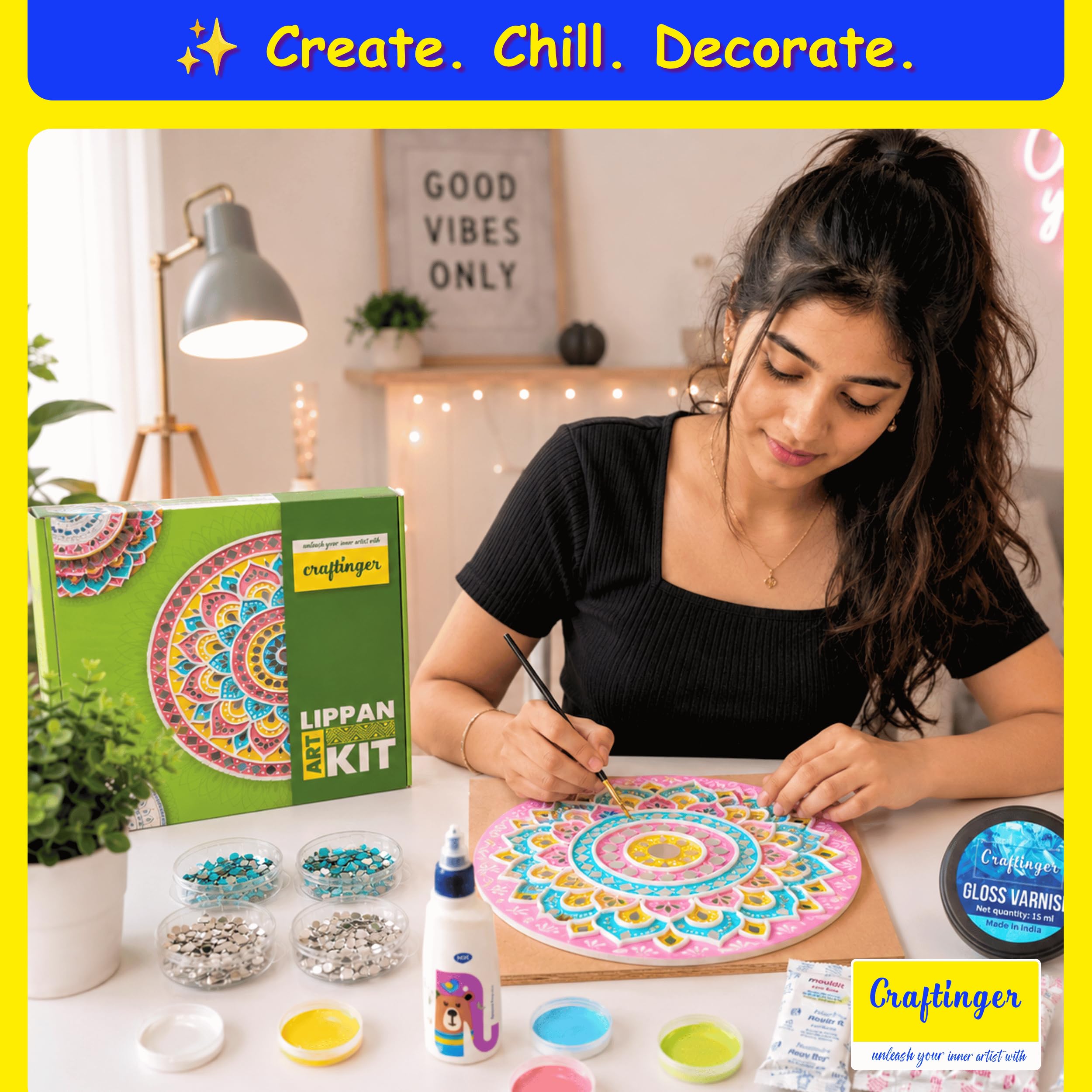 Craftinger Pro Lippan Kunst-Set, 20,3 cm, für DIY-Dekoration, mit vormarkierten MDF-Formen, Acrylfarben und Spiegeln, mehrfarbig