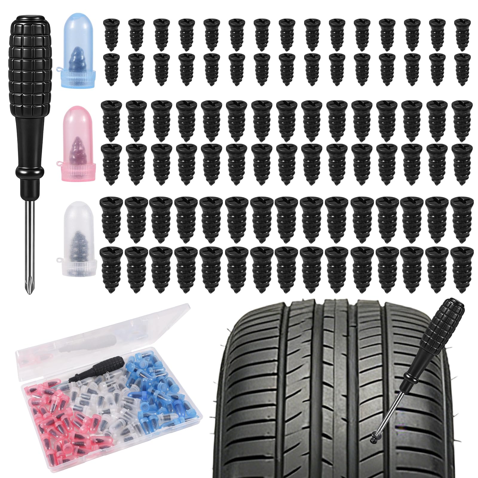 Oumers 90pcs Screws Tire Repair Rubber Nail Kit, 3 Sizes Tire Repair Kit Self-Service Tyre Repairs Plugs Screwdriver Kit Tyre Puncture Repairs Screws Car Motorcycle Truck Puncture Rubber Nails