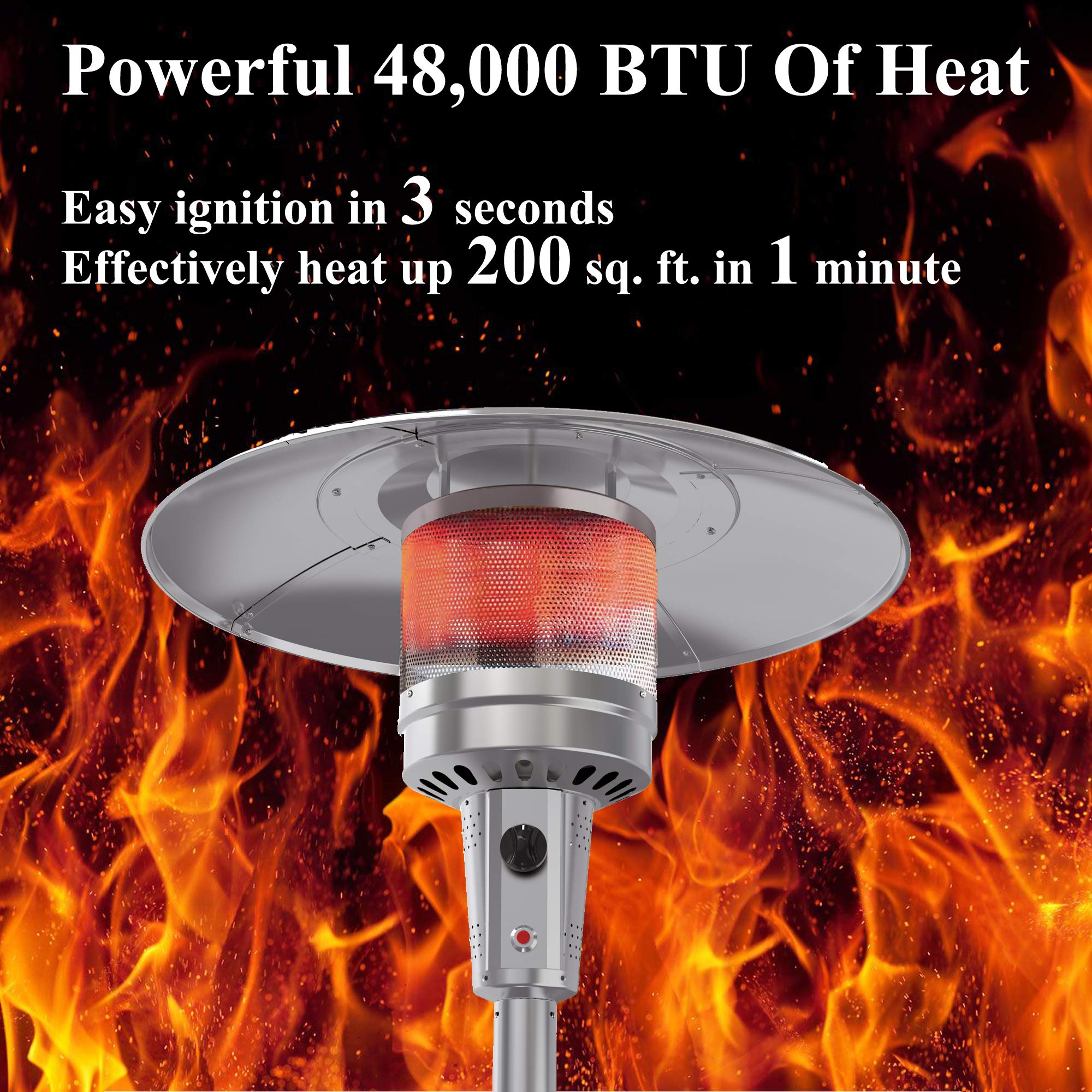 Riscaldatore a gas per patio con ruote e copertura, 48.000 BTU di riscaldatore portatile per esterni LP Propano, spegnimento automatico del flusso di gas, con certificato CSA per giardino