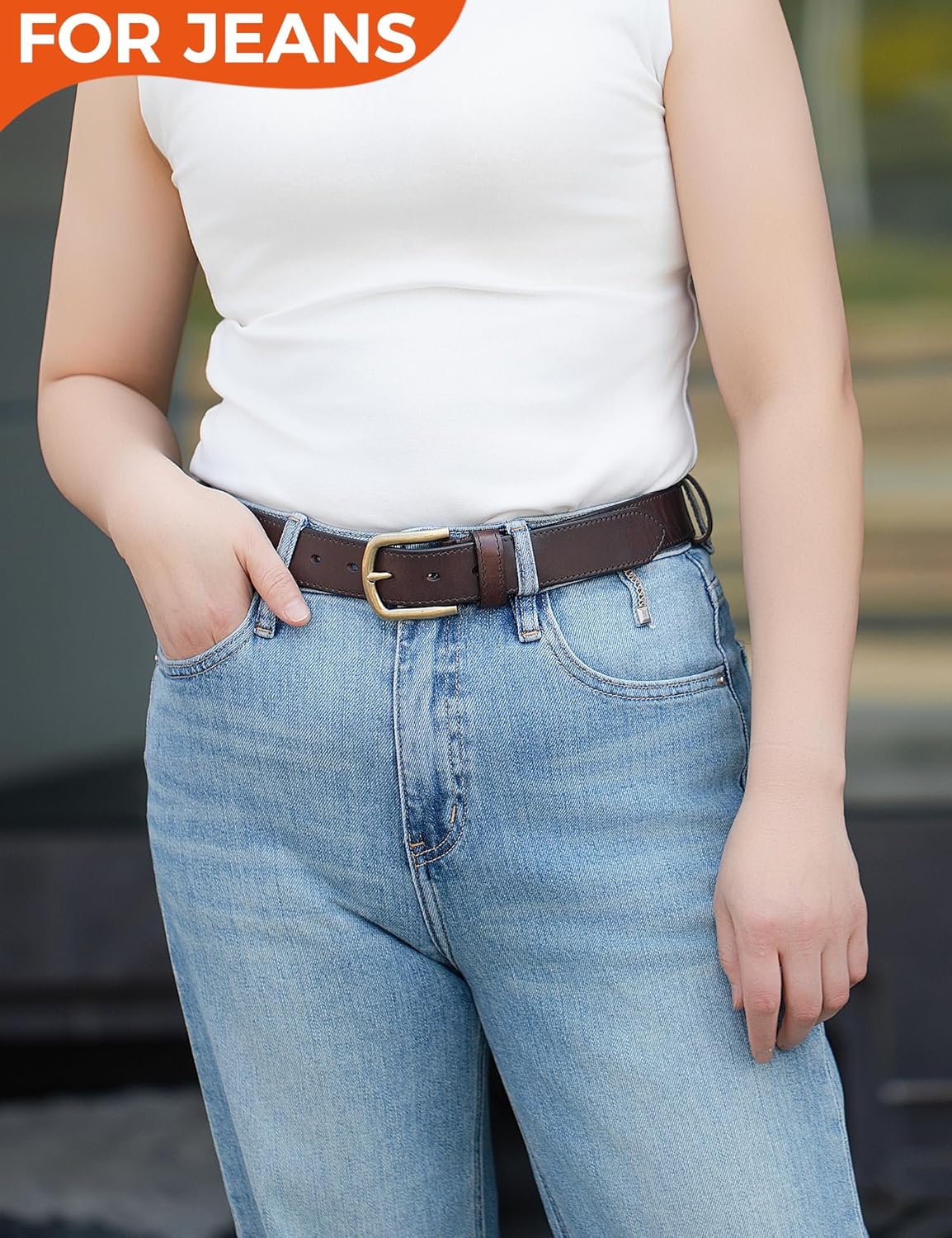 1.3‘' Womens Leather Belt for Jeans Pants with Gold Buckle - Image 3