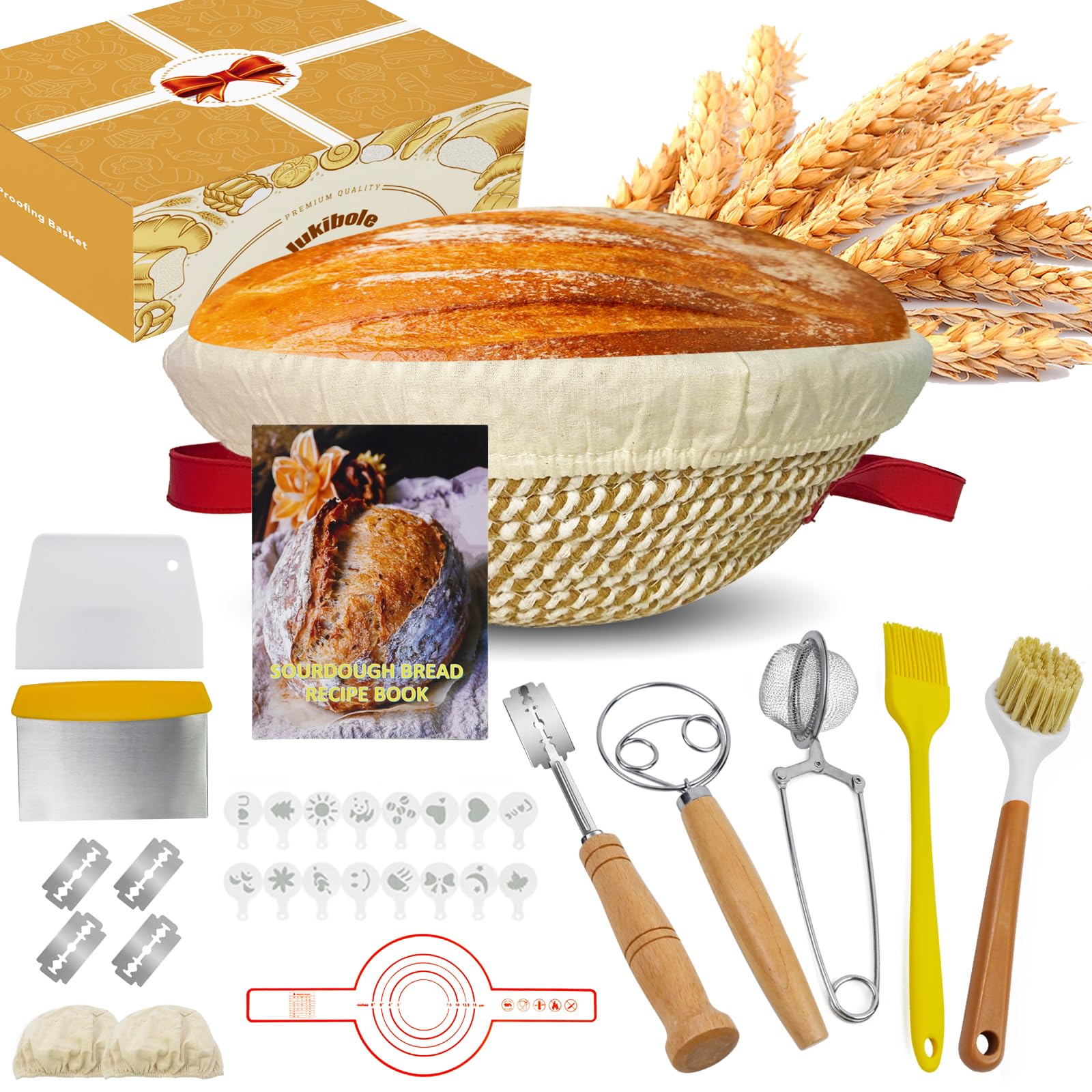 Starter Kit Per Lievitazione Pane In Cassetta Di Vimini Banneton Rotondo 22,9 Cm - Con Federa, Coperchio E Lame Per Intaglio