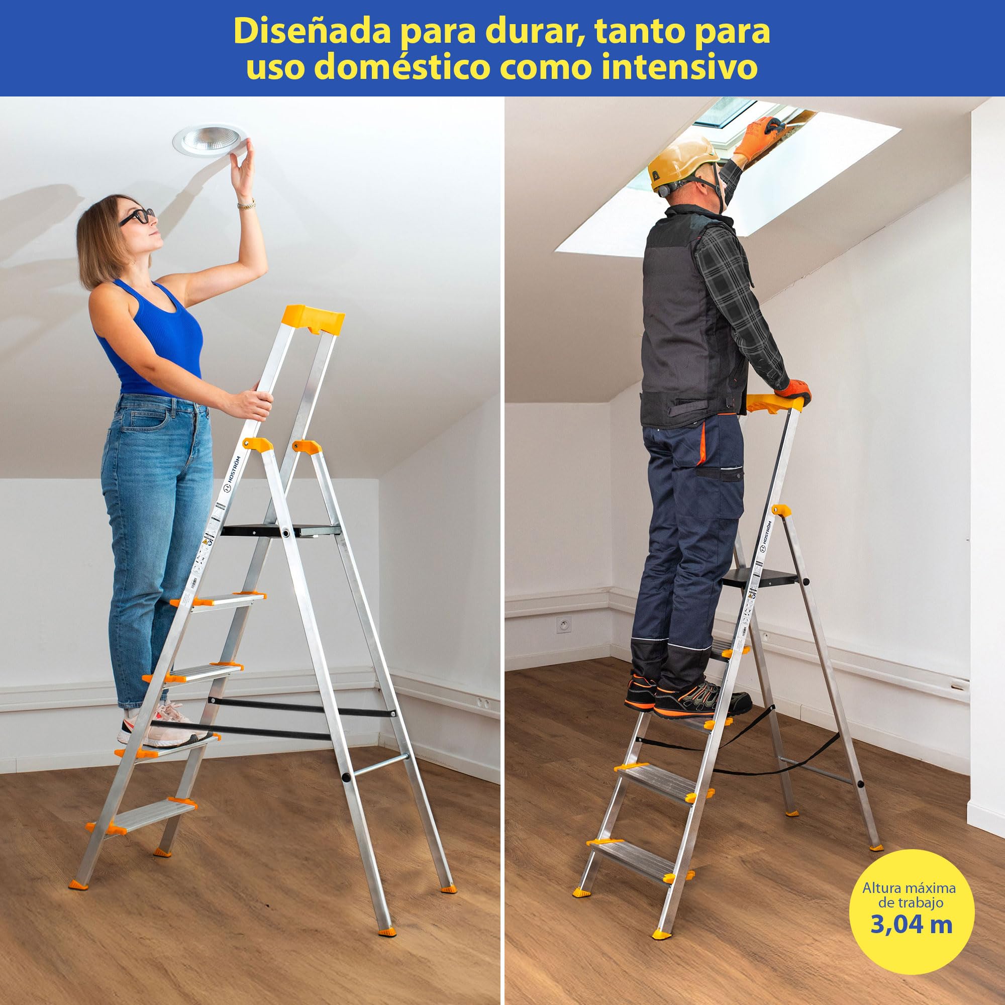 HOSTRÖM Escalera 5 peldaños de Aluminio, Taburete Plegable con Bandeja portaherramientas, peldaños 12 cm, Uso doméstico y Profesional, garantía 5 años.