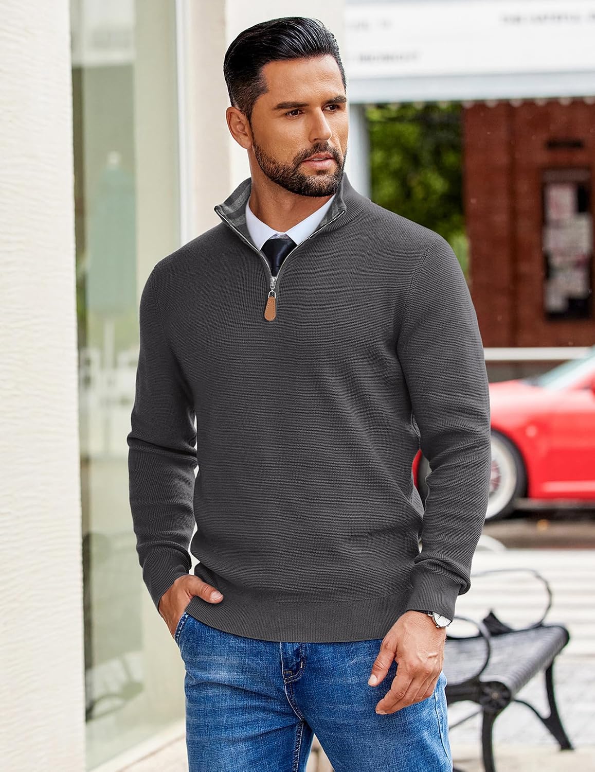 COOFANDY Mens Quarter Zip Pullover Slim Fit Lightweight Sweater Casual Mock Neck Knit Polo Sweater