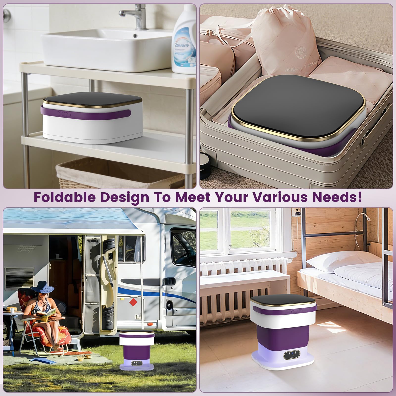lavatrice portatile, mini lavatrice potenziata da 15 litri, 3 programmi di lavaggio con centrifuga, pulisce a fondo i piccoli indumenti, pieghevole, ideale per appartamenti, case e campeggi. (viola)