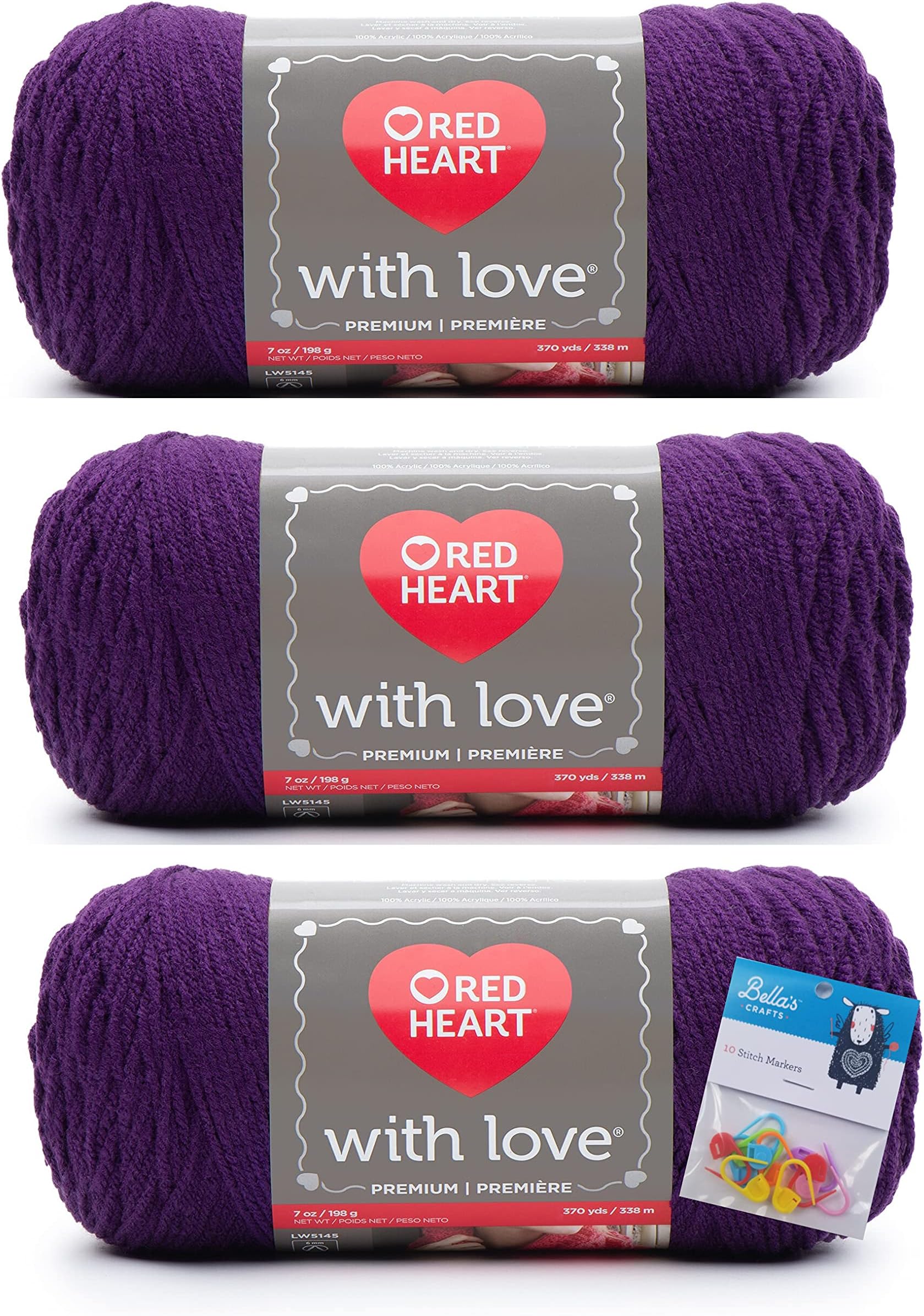Red Heart Yarn with Love Yarn - Aubergine - 3 Pack Bundle with Bella Crafts Stitch Markers