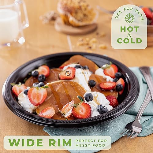 Miniatura 3 de FRAMO Platos desechables de plástico negro, paquete de 120 platos redondos de plástico de 9 pulgadas para eventos especiales, fiestas, cenas, picnic