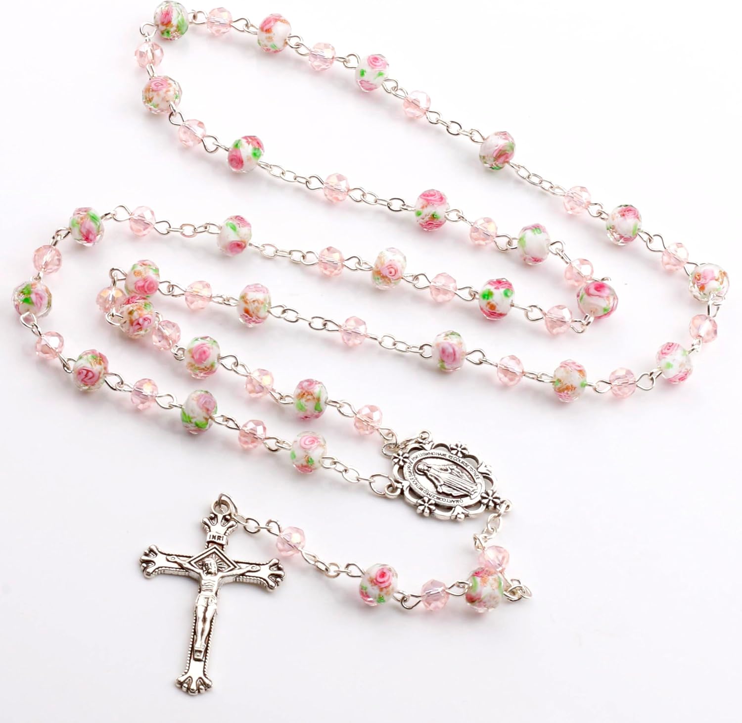 Pink Murano Glass and Crystal Rose Beads Catholic Rosary Necklace for Women with Virgin Mary PU Leather Bag - Image 4