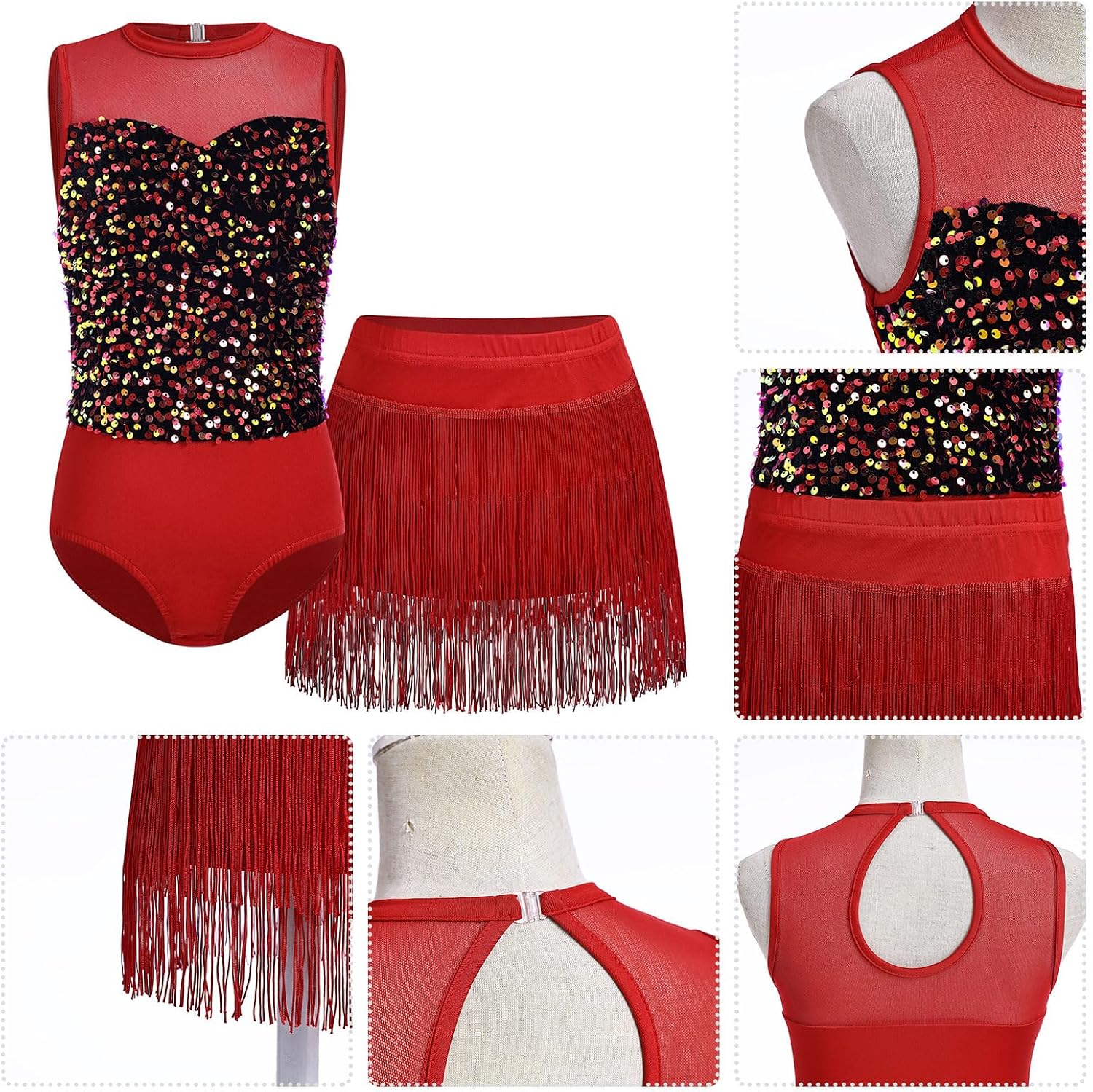 ODASDO Girls Jazz Latin Sparkle Sequins Dance Outfit Crew Neck Sleeveless Bodysuit with Tassel Fringe Skirt Two Piece Set