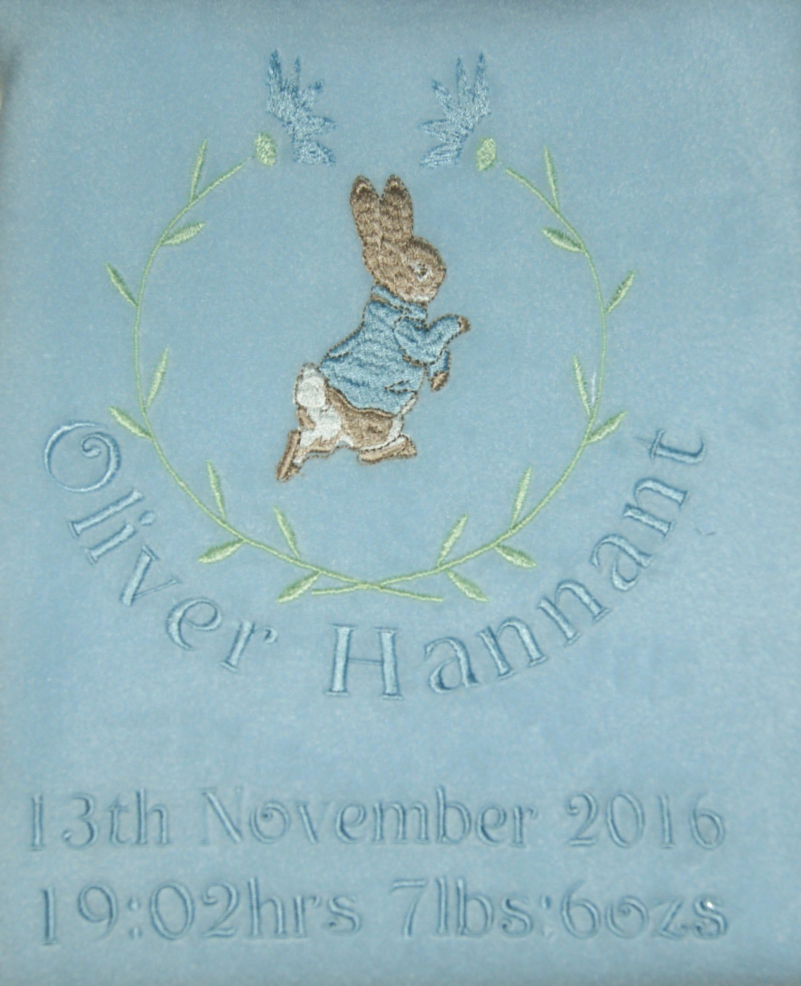 Boy’s Personalised Little Rabbit Super Soft Fleece Birth Blanket. (Blue)