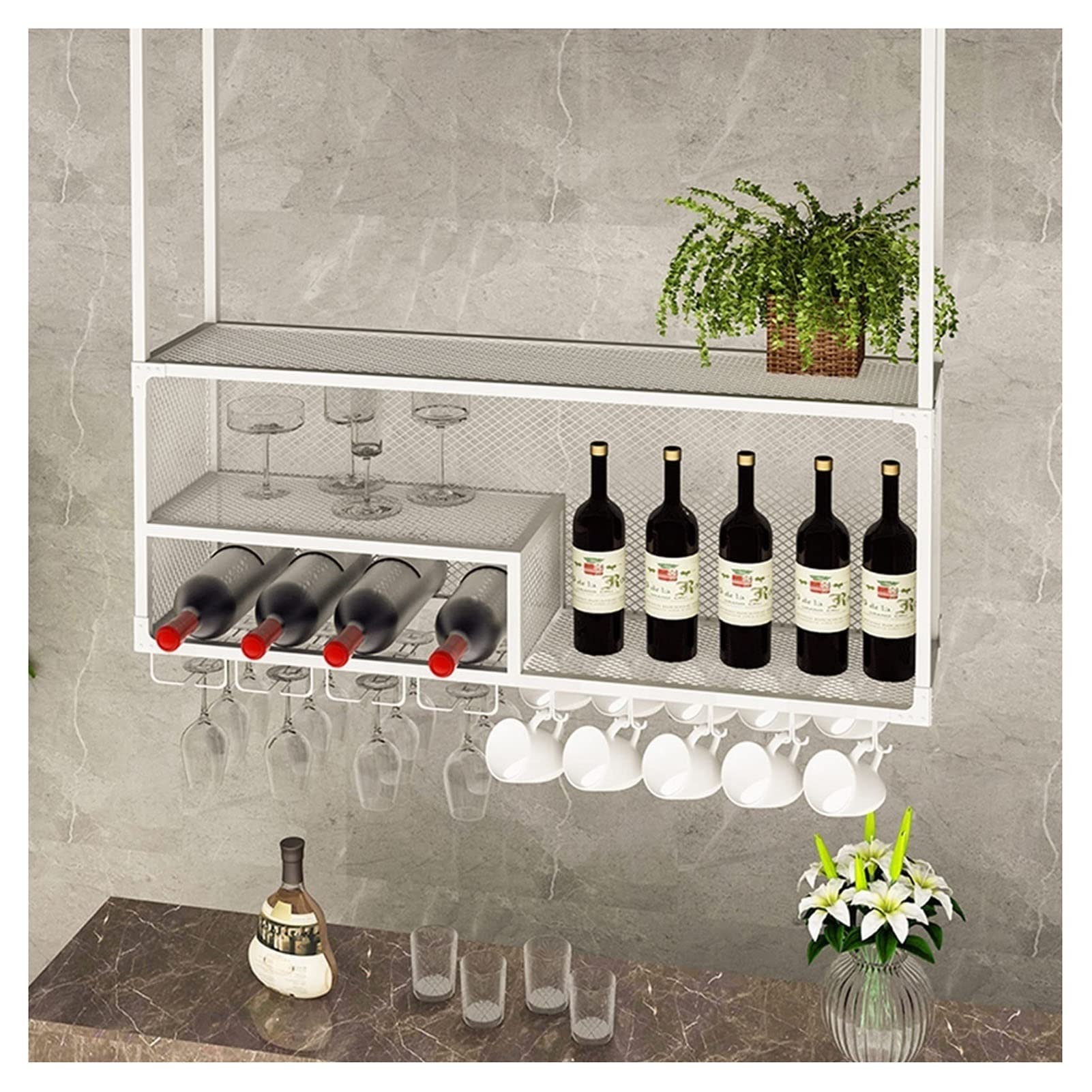 Aggancio da Bar, Portaoggetti Sospeso in Ferro Battuto, Griglia A Soffitto A Tre Livelli, Adatto A Casa, Bar, Bar (Color : White, Size : 120X30X45CM)