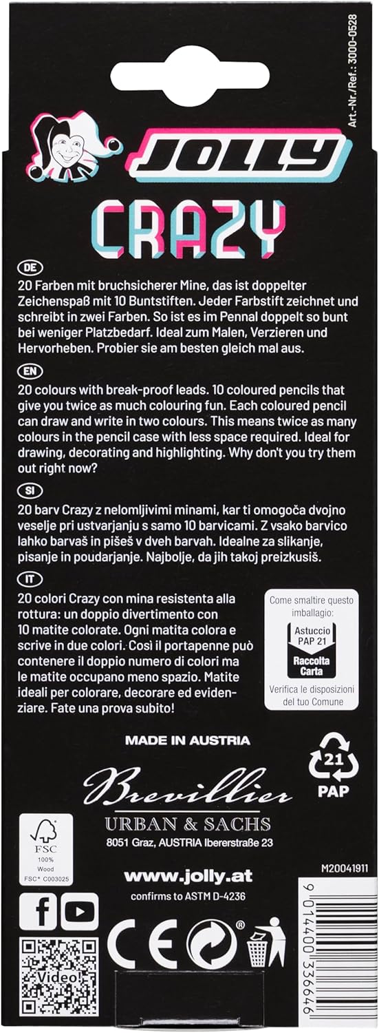 JOLLY Next Generation Crazy Colouring Pencils, 10 Double Sided Shatterproof Colouring Pencils with 20 Colours, Black Wood, Round Ergonomic Pen Shape, Fashion Design