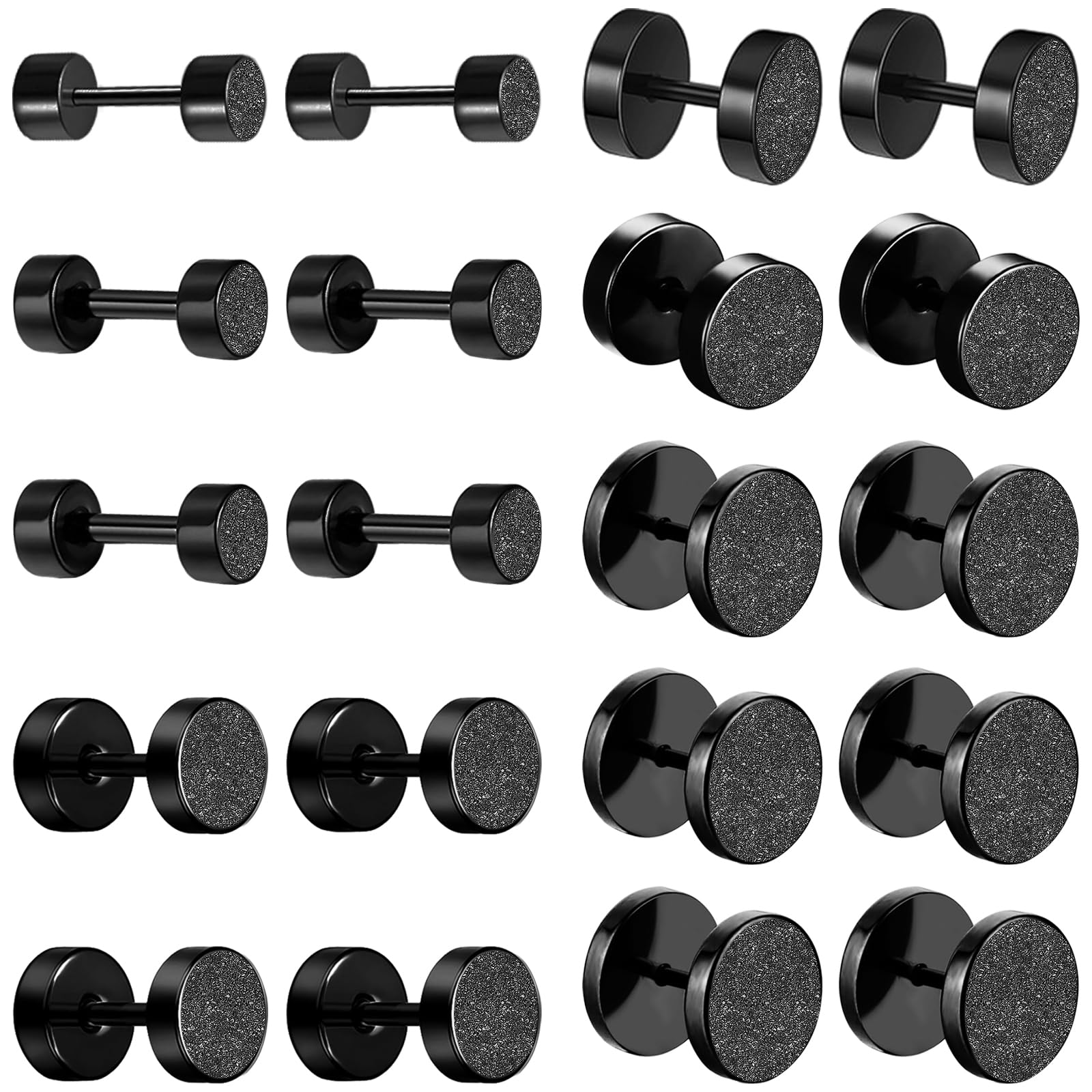 NEWITIN 10 Pairs Black Stud Earrings for Men Faux Gauges Earring Hypoallergenic Earring Ear Tunnel Stainless Steel Dot Earrings for Men Women, 18G