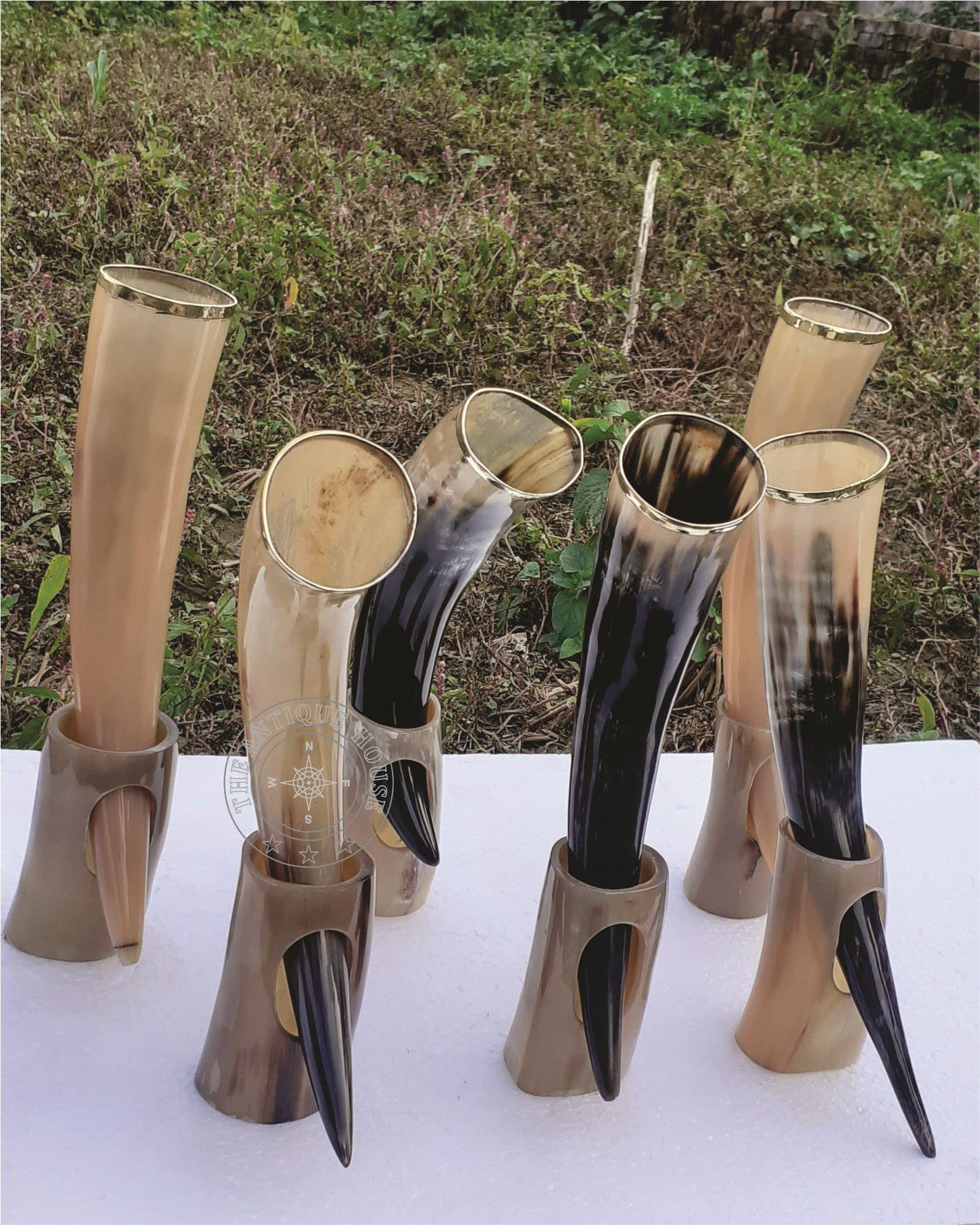THE ANTIQUE HOUSE Lot de 6 tasses en corne de bœuf avec support style viking - Cadeau de Noël