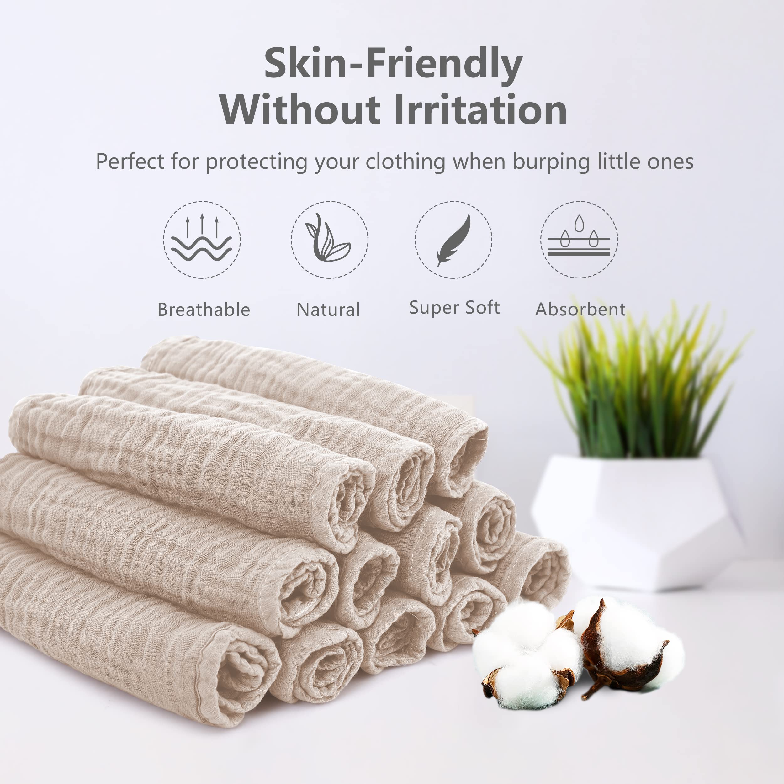 SWEET DOLPHIN Paquete de 12 paños de muselina para eructos grandes, 100 % algodón, para bebé, artículos esenciales para bebés, extra absorbentes y suaves, trapos para escupir leche para recién nacidos