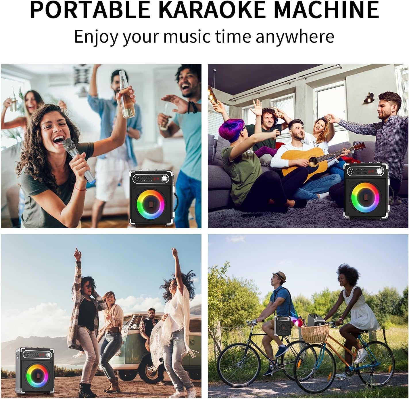Karaoke-Maschine mit 2 kabellosen Mikrofonen, tragbarer Bluetooth 5.3-Lautsprecher mit LED-Leuchten, Bass-/Höheneinstellung, PA-System mit Fernbedienung, unterstützt FM/AUX/USB/TF für Partys