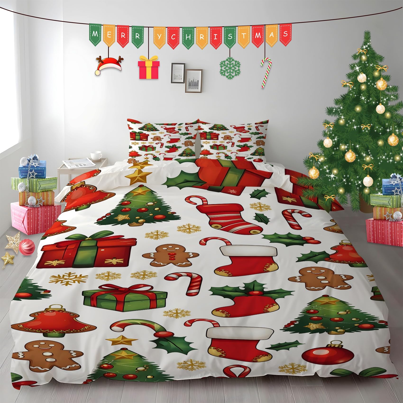 Poszewka na kołdrę z motywem choinki, na prezent, z mikrofibry, z zamkiem błyskawicznym, miękka, przytulna poszewka na kołdrę 200 x 200 cm + 2 poszewki na poduszkę 50 x 75 cm