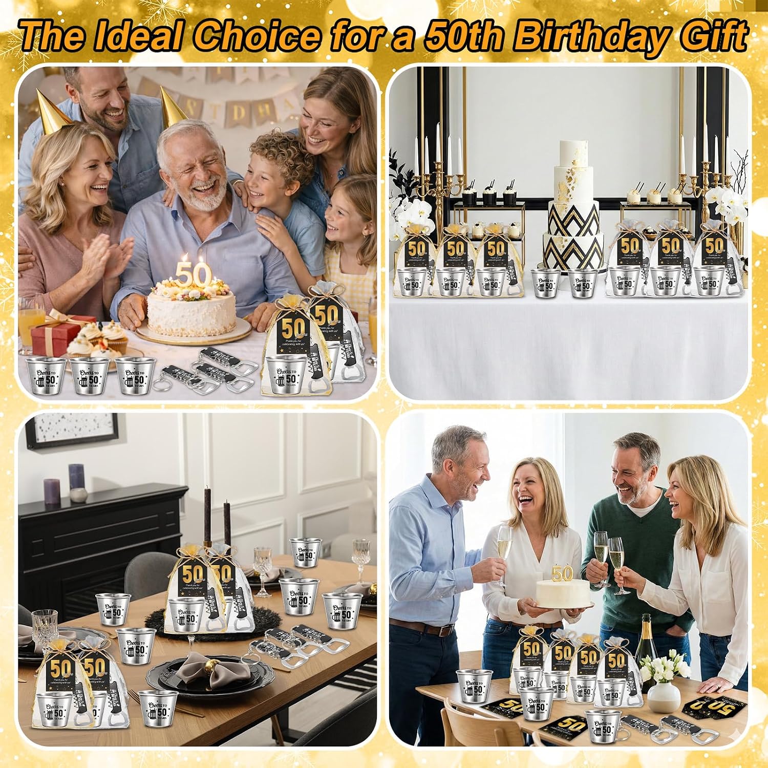 60 Sets 50th Birthday Party Favors Cheers to 50 Years Bottle Opener Short Cups Bulk Thank You Cards Anniversary Keychains with Ropes and Organza Gift Bags for Birthday Party Souvenirs Gifts