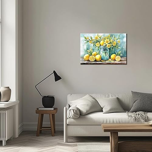 Miniatura 2 de UZMKM Arte de pared de limón, limones en tarro de masón sobre lienzo, impresiones de fondo de madera, carteles para decoración de pared de despensa