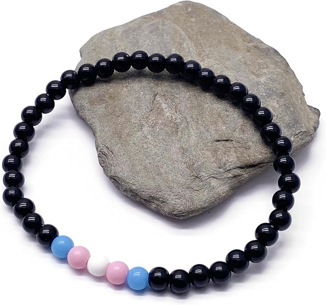 Larger Size Trans Pride Flag Bead Bracelet - 6mm Pink White Blue and Black Acrylic Beads - Transgender Awareness - 8.5 inches