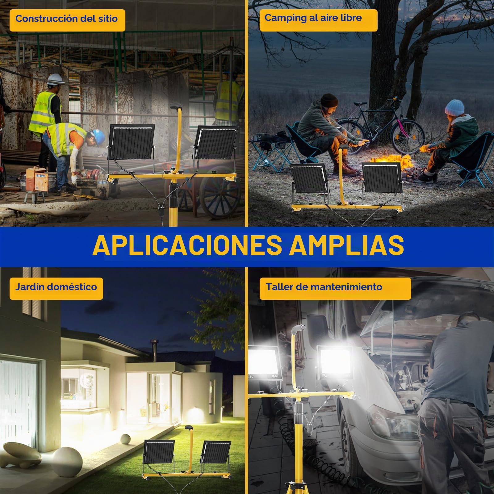 Yofuly 2x 100W Foco LED de Trabajo 21,000LM, Focos LED Portátil con Trípode Telescópico 1,6M, Lentes PC, IP66 Impermeable, con Cable de 3M, Luz de Trabajo para Obras, Jardines, Construcción