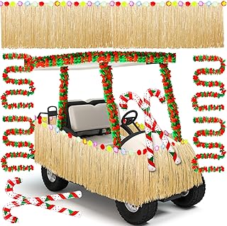 Weysat 8 Pcs Christmas Golf Cart Decorations Kit Hawaiian Leis Red and Green Flower Banner Luau Grass Tropical Car Skirt Candy Canes Balloons for Christmas Golf Cart Parade