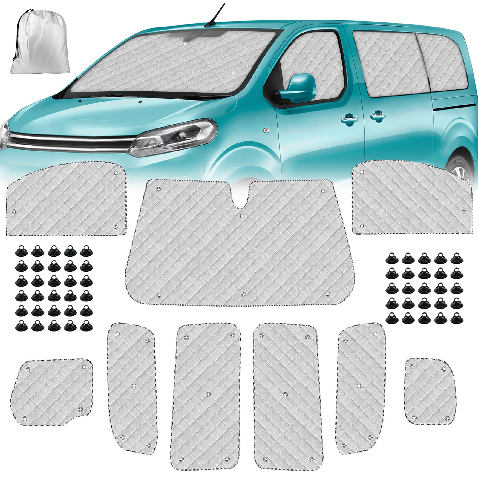 Sonnenschutz Auto Frontscheibe Ersatz für 2016-2025 Citroen Jumpy MWB 2019-2025 Opel Vivaro 2022-2025 FIAT Scudo, 9 STK Faltbarer Sonnenschutz für Auto Innenabdeckung, Internes Thermomatte Set