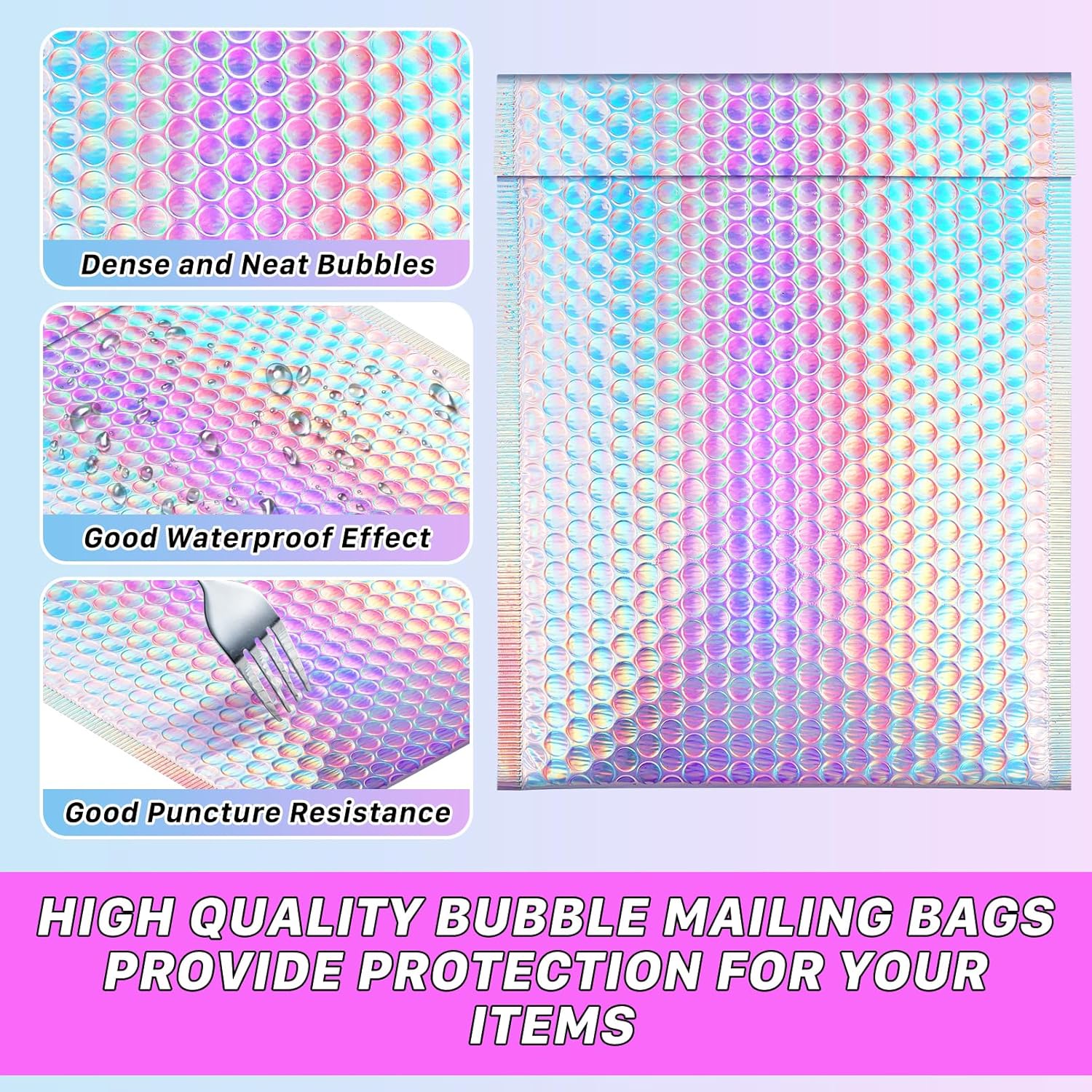 25 Pcs Metallic Bubble Mailers, Holographic Bubble Mailers, 8x10 Inch Self Seal Waterproof Shipping Bags, Poly Padded Envelopes for Mailing Packaging Small Business, Makeup Jewelry