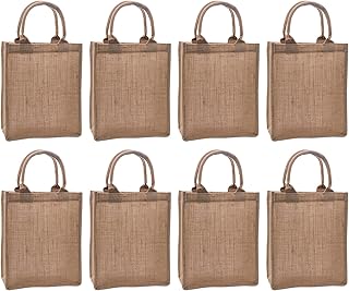 8 Pieces Jute Burlap Tote Bags, Reusable Gift Totes with Handles, Jute Lined Grocery Totes Bags for DIY, Shopping, Pool, Beach,Wedding Welcome Bag, 12.5''x10''x4.5''