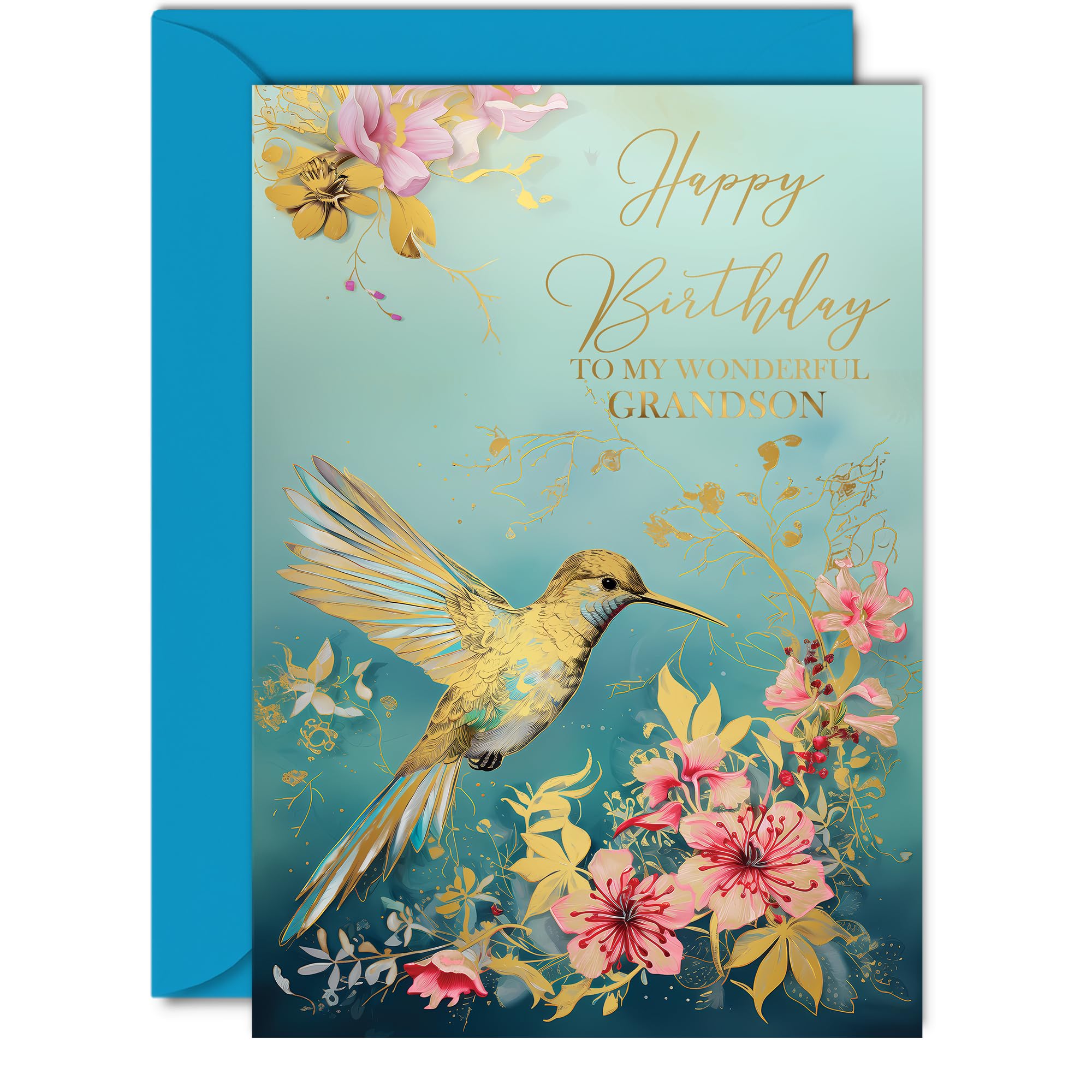 Beautiful Gold Birthday Cards for Grandson - Wonderful Golden Hummingbird - Elegant Traditional Pretty Birthday Card for Grandson from Grandparents,