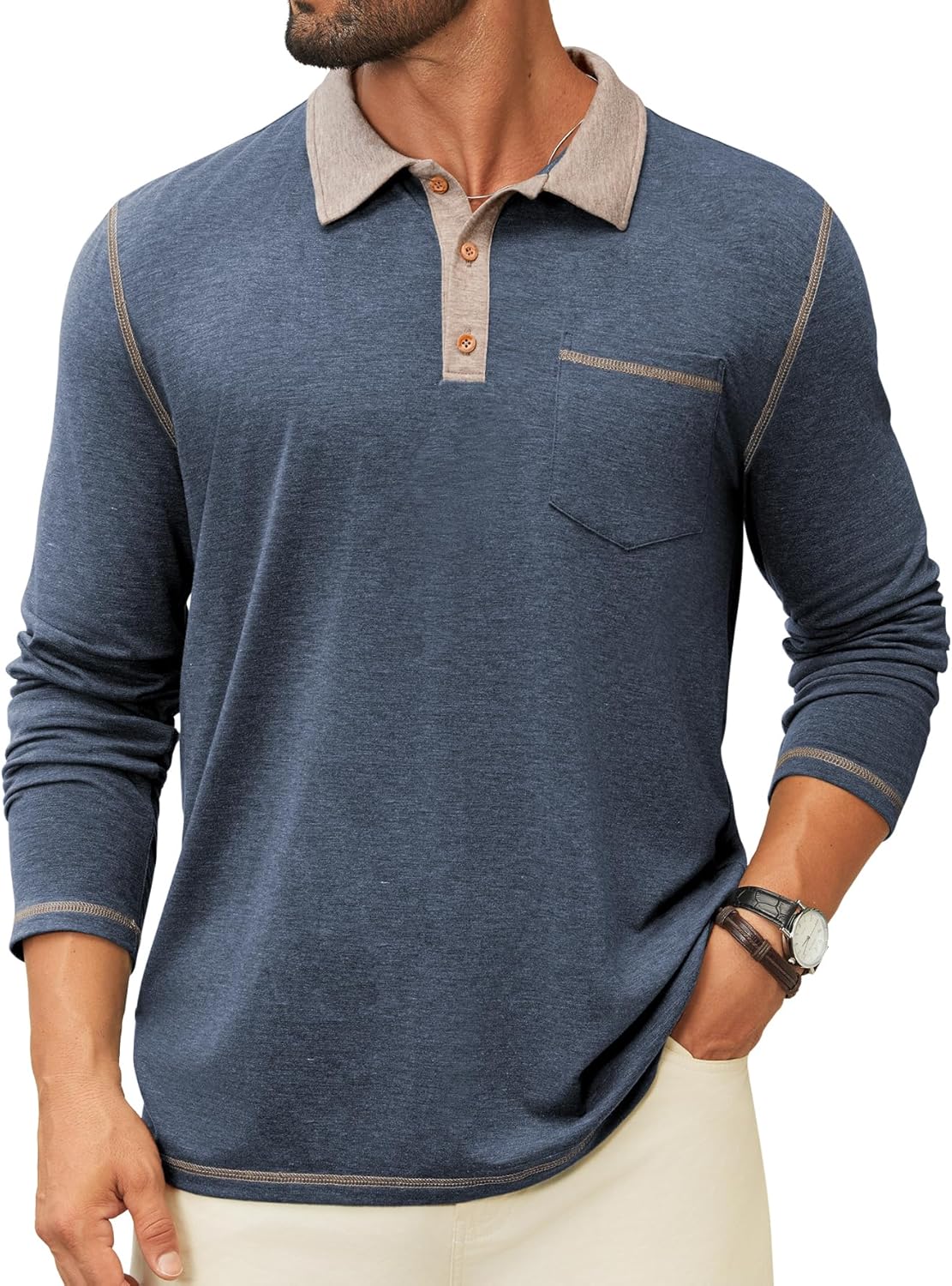 Hardaddy Men's Long Sleeve Casual Polo Shirts Collared Contrast Color Lightweight Golf Shirt with Pocket