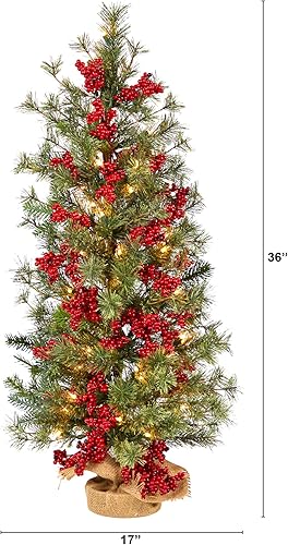 Miniatura 2 de Nearly Natural Árbol de Navidad artificial de bayas y pino de 3 pies con 50 luces blancas cálidas y base envuelta en arpillera