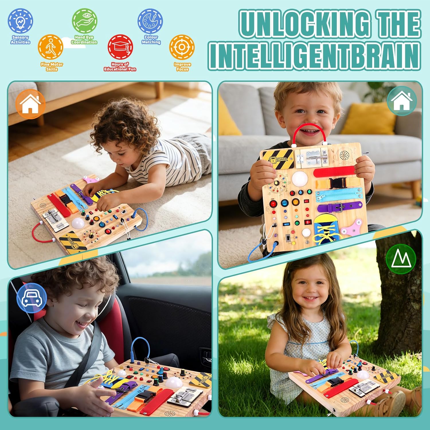 Busy Board 23 in 1 Montessori Toy for Toddlers Age 1 to 3 Wooden Educational Learning Toy with 15 Switches 26 LED Lights Music Box Lock Zipper Sensory Toy for Soothing Infants