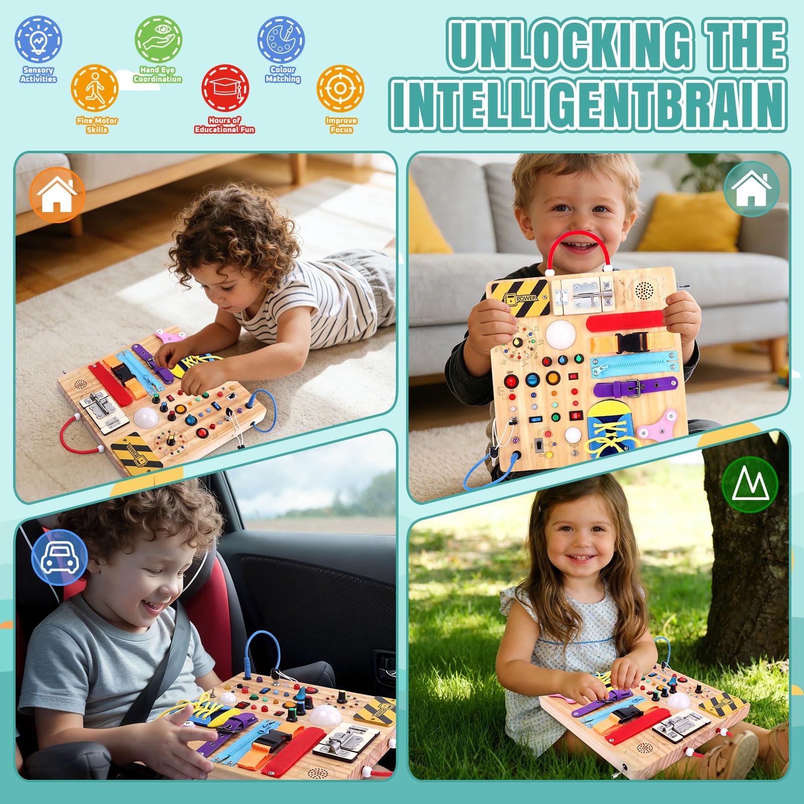 Montessori Busy Board 23 en 1 pour les tout-petits à partir de 1 an, jouet en bois, avec 15 interrupteurs, 26 lumières LED, boîte à musique, fermeture éclair et serrure, jouet sensoriel pour enfants