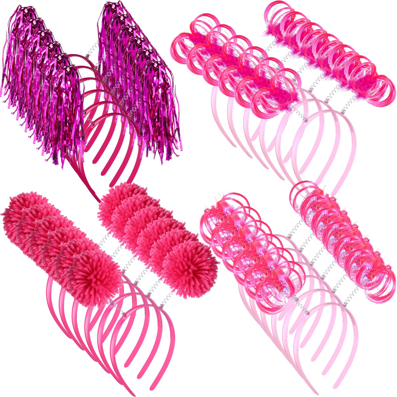 Censen 24 Pcs Pom Pom Headband Tinsel Wrapped Ponytails Head Bopper Costume Headwear Party Hair Accessories(Pink)