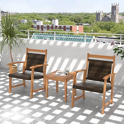 Miniatura 2 de HAPPYGRILL Juego de 3 sillas de mimbre para patio con mesa auxiliar de madera de acacia, sofá al aire libre para patio, jardín, porche, junto a la