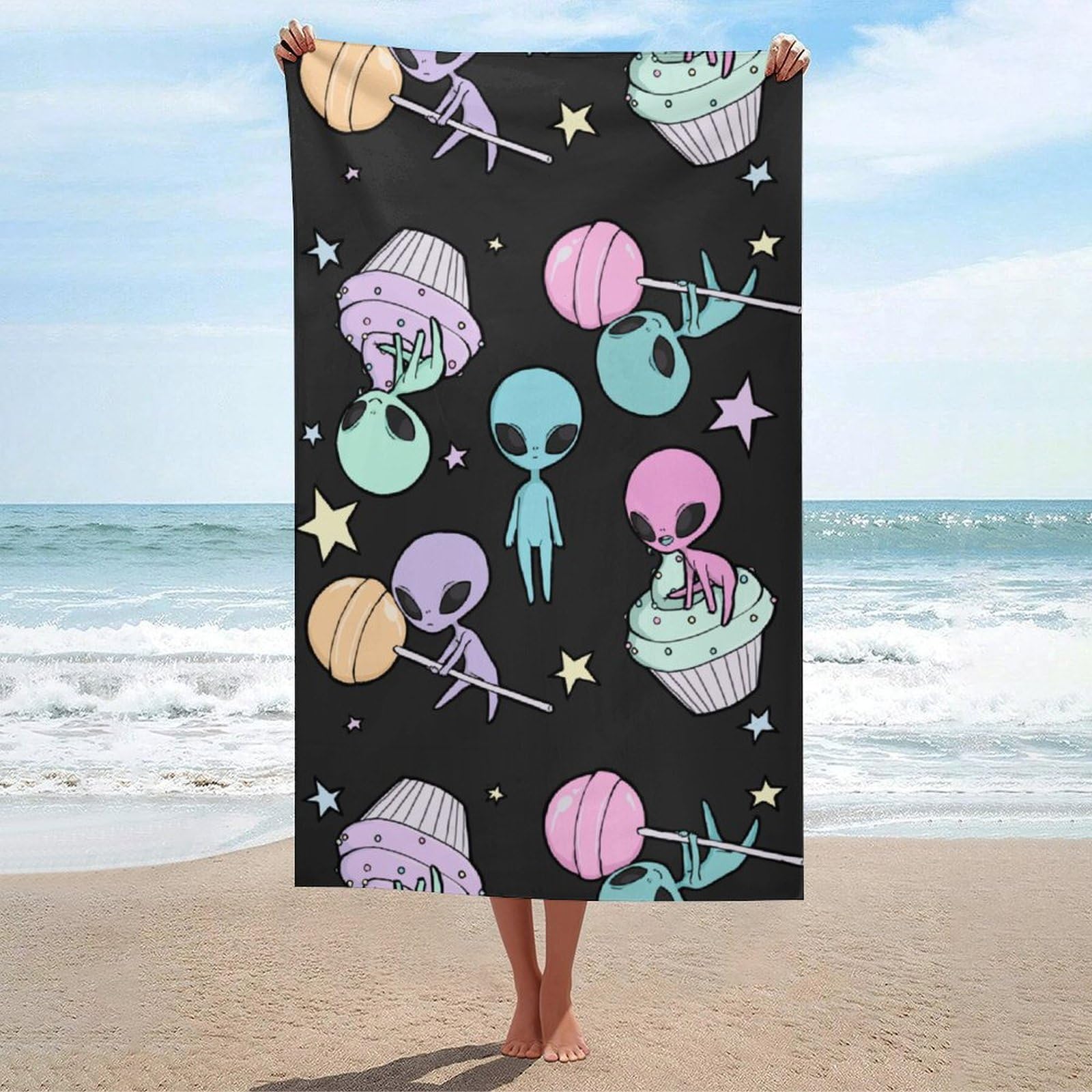 LEDFCVSU Beach Towel, Alien Bath Towel, Absorbent Towel for Swimming, Sports, Travel