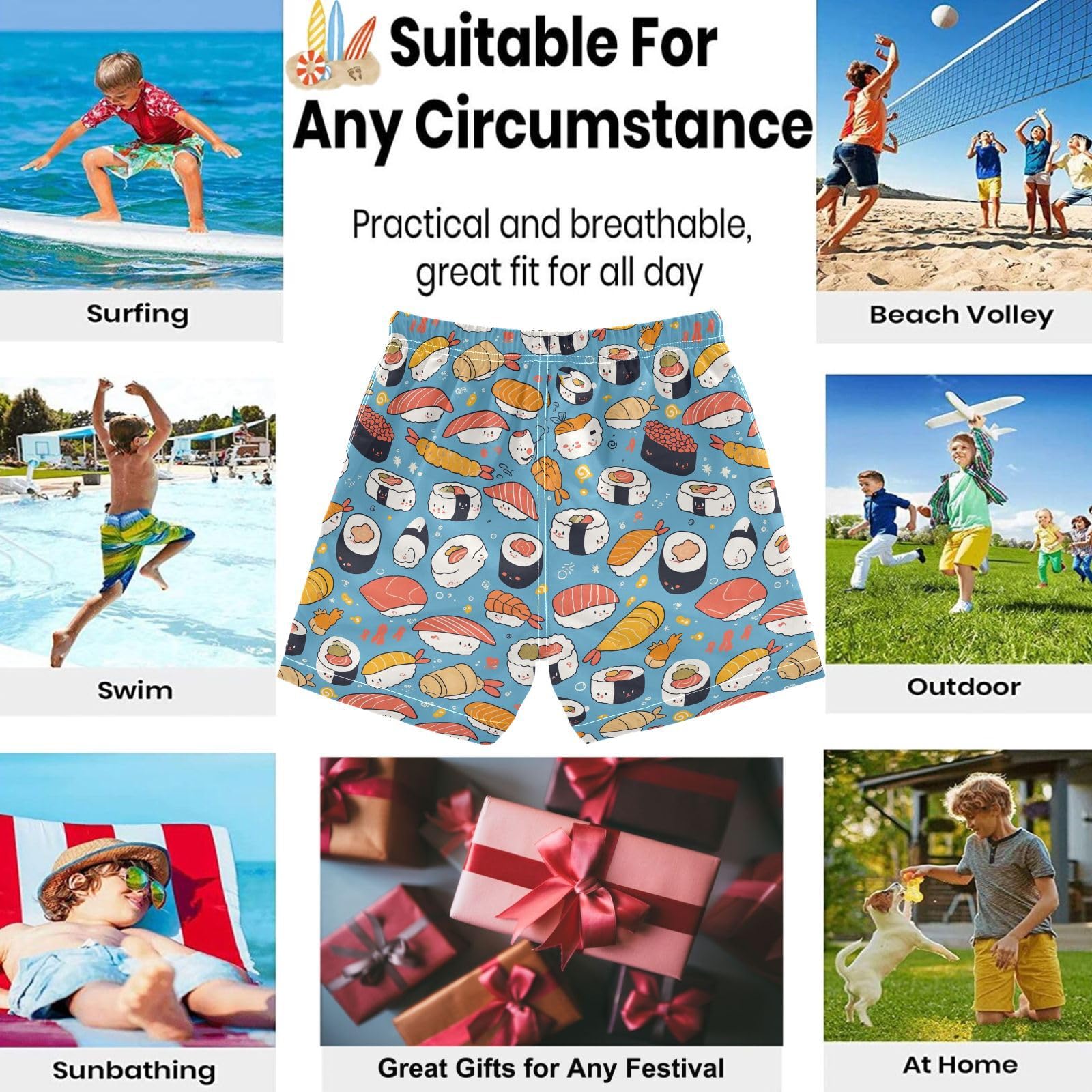 visesunny Summer Boy's Beach Shorts Cute Cartoon Sushi Quick Dry Swim Trunks Baby Boy Bathing Suit with Pockets XL Multi
