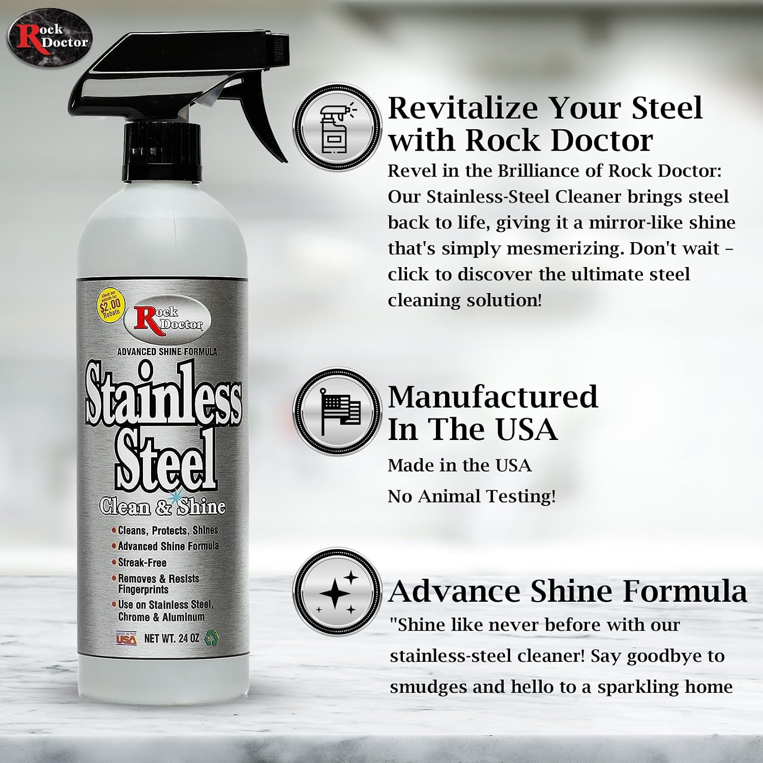 Rock Doctor Stainless Steel Cleaner and Protectant, Streak-Free Cleaning Solution for Chrome and Aluminum Appliances or Surfaces, Smudge Resistant Shine, 24 oz. Spray Bottle (6)